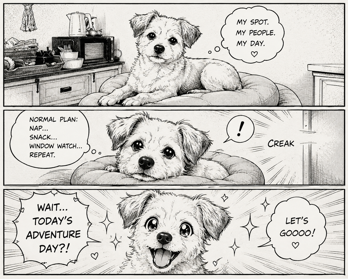 A black-and-white manga-style comic shows Toffee at home, then reacting excitedly to the idea of an adventure day, with speech and thought bubbles.