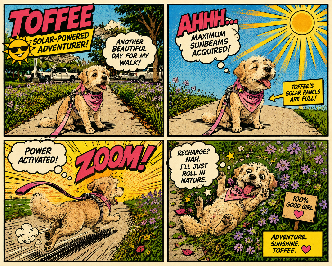 A colorful four-panel comic shows Toffee on her birthday walk soaking up sunshine, running along a flower-lined path, and jokingly being described as solar-powered.
