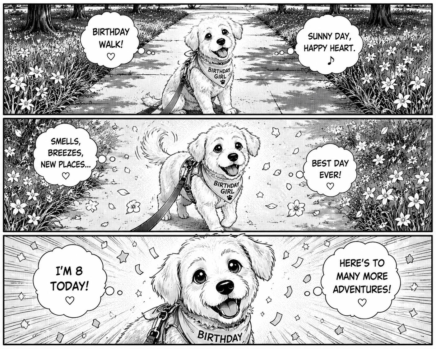A black-and-white manga-style birthday comic shows Toffee walking happily among flowers with messages about her birthday walk, being 8, and having more adventures ahead.