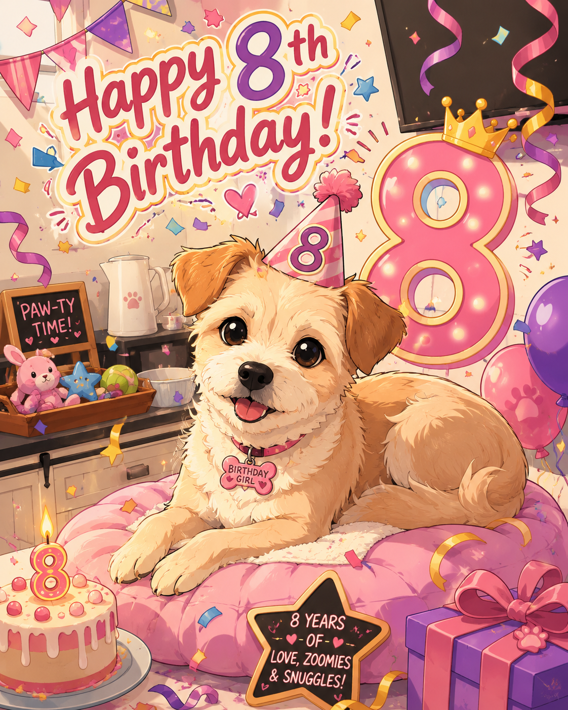 A colorful illustrated birthday poster shows Toffee wearing a party hat on a pink bed, surrounded by balloons, presents, a cake with an 8 candle, confetti, and a large “Happy 8th Birthday!” message.